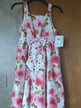 Bonnie Jean Pink Rose Print Bow-Front Party Dress Sz14